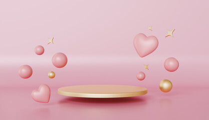 Pink and Gold 3D Render Elegant Heart Shaped Balloons and Display Pedestal