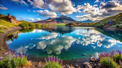 Obraz premium Serene mountain lake reflecting a vibrant sky, showcasing lush vegetation and tranquil waters