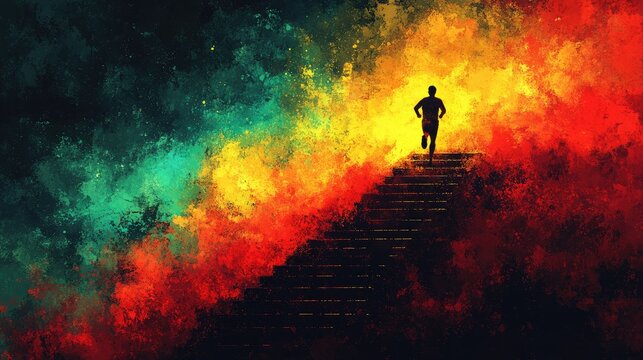 Silhouette running up stairs into colorful, abstract light, ideal for motivational content