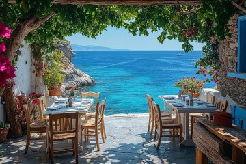 Fototapeta premium White wooden tables and chairs set for dining on terrace of Greek restaurant with stunning blue sea view in Crete, Greece. Beautiful outdoor dining concept.