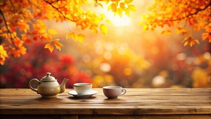 Autumnal Serenity A Teapot and Two Cups Resting on a Rustic Wooden Table Against a Blurred Background of Vibrant Fall Foliage Bathed in Warm Sunlight