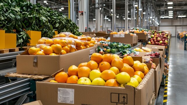 Final products packed and distributed warehouse agriculture indoor wide angle efficient supply chain operations