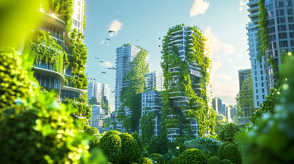 An abstract cityscape showcasing green buildings and urban gardens, where residents practice sustainable living, represented by vibrant colors and organic shapes.  