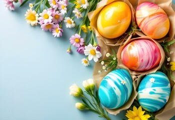 Easter eggs dyed with onion peels with spring flowers and mazanec - traditional Czech sweet Easter pastry, top view