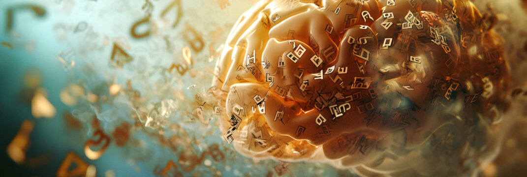 An abstract depiction of a brain absorbing language, with swirling letters from different alphabets, representing the process of language acquisition.  