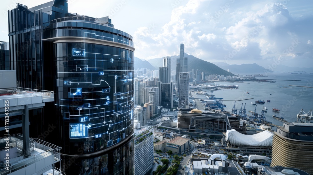 Aufkleber Innovative supply chain management flowchart hong kong digital visualization urban environment aerial view efficiency concept
