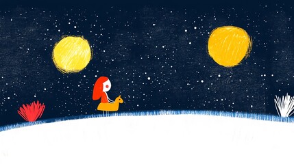 Naklejka premium Charming Child Rides Toy Horse Underneath Two Bright Moons; Whimsical Nighttime Illustration. AI Generated