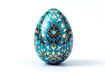 Blue ornate Easter egg isolated on a white background. Homemade painted Christian decoration.