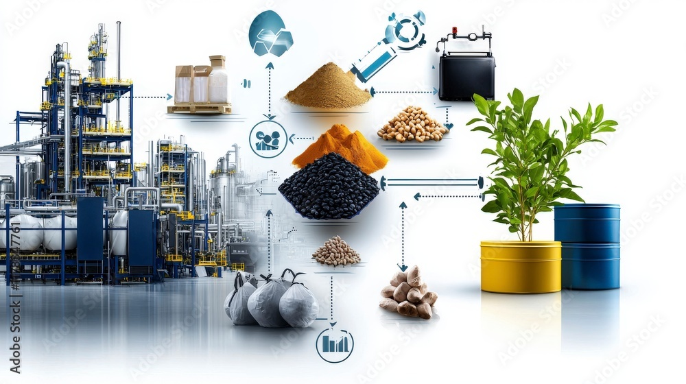 Poster upstream supply chain dynamics initial stages of processing materials industrial facility infographi