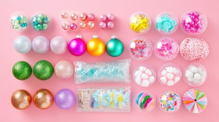 A top-down view of a DIY holiday ornament kit with colorful baubles, glitter, and ribbons.