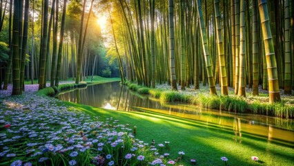 Fototapeta premium Serene Bamboo Grove Reflecting in Calm Water, Adorned with Vibrant Blossoms Under Golden Sunlight