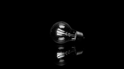 Close-up of an incandescent light bulb glowing softly on a reflective black surface.
