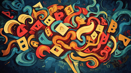 Fototapeta premium An abstract depiction of a brain absorbing language, with swirling letters from different alphabets, representing the process of language acquisition. 