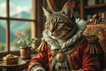A regal cat sits majestically in a vintage coat