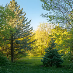 Obraz premium Sunlit Forest Clearing with Tall Trees and Verdant Greenery on a Bright Day