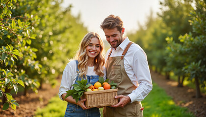 Smiling couple holding basket of fruits in orchard