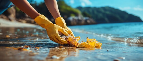 A volunteer s hands gathering plastic trash on the beach, with the ocean in the background, promoting environmental sustainability and pollution reduction
