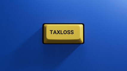 yellow button with text TAX-LOSS. financial market. financing.close up button of keyboard,Business Concept.3D rendering on blue background.