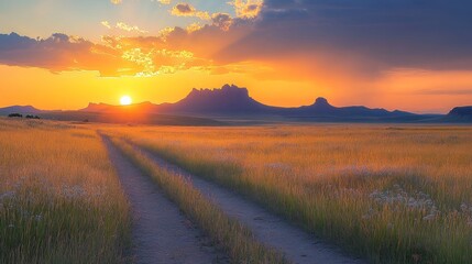 Obraz premium A serene sunset over a grassy landscape with a dirt path leading towards distant mountains.