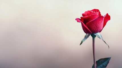 A single red rose stands elegantly against a soft background.