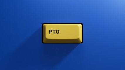 word pto with yellow button.close up button of keyboard,Business Concept.3D rendering on blue background.