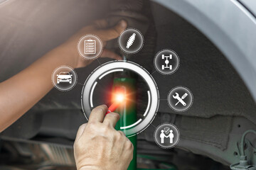 Car service system, Warranty, Checking for wear and tear of parts over time, Maintenance concept, Technician checklist Point to the car shock absorber. Check leaks of deteriorated shock absorber oil