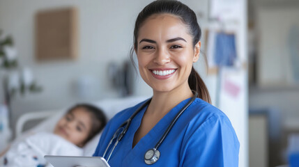 Hispanic nurse doctor woman in medical coat with tablet take care girl patient