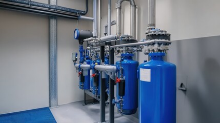 A blue tank is connected to a pipe