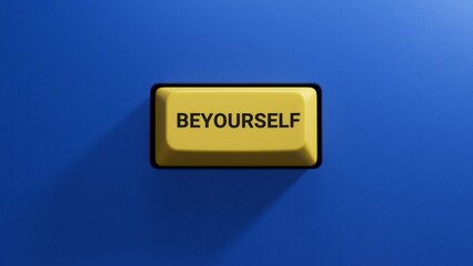 yellow button with Be yourself lettering. Top view.close up button of keyboard,Business Concept.3D rendering on blue background.