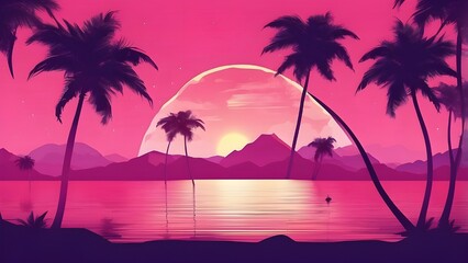 Fototapeta premium Silhouette of palm trees against a vibrant sunset on a tropical beach.