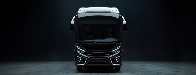 Sleek black bus in dark background. Illuminated details show modern design. Empty bus suggests luxury transportation option. Stylish vehicle perfect for premium urban travel tour service. Nighttime