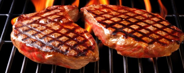 Fresh steak grilling on hot barbecue grill. Delicious meat cooking on open fire. Summer bbq and picnic concept. Fourth of July, Memorial Day, Labor Day, outdoor party