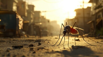 Aedes aegypti mosquito transmitting Zika virus, detailed macro view of proboscis on human skin, tropical environment backdrop, photorealistic focus,