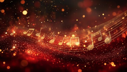 Musical staff with shimmering gold notes, glittercovered and set against a softly blurred snowy dark velvet red background, ideal for elegant banners and posters