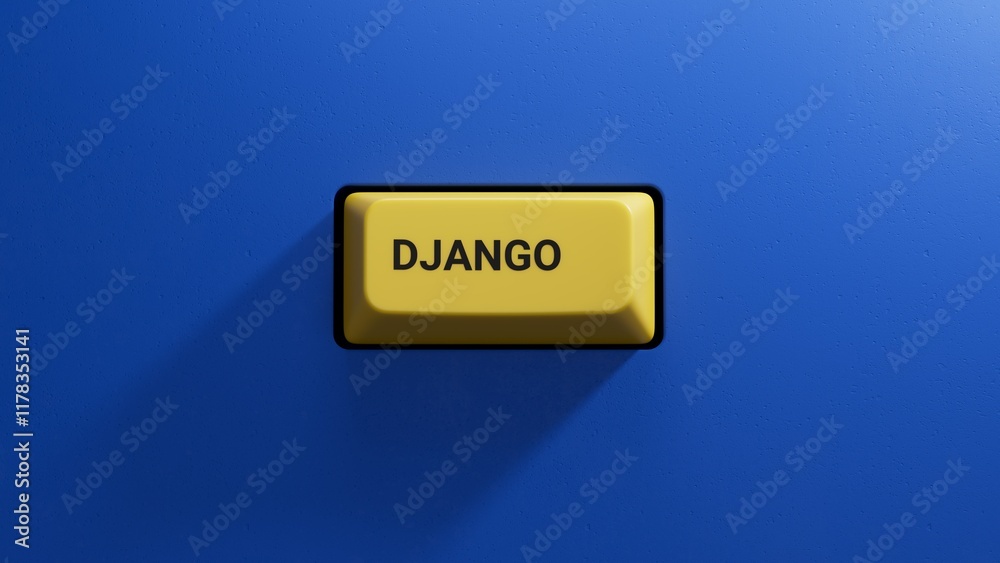Poster django word text from yellow button letters.close up button of keyboard,business concept.3d renderin