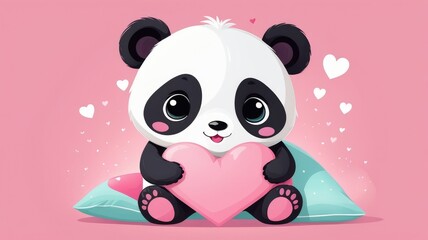 Obraz premium computer wallpaper cute pink ,Cute panda hugging a pastel pink heart-shaped pillow