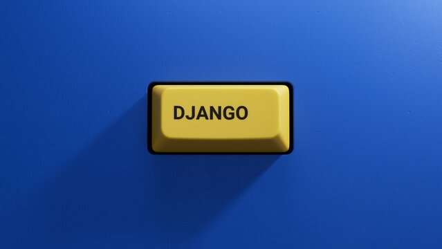 DJANGO word text from yellow button letters.close up button of keyboard,Business Concept.3D rendering on blue background.