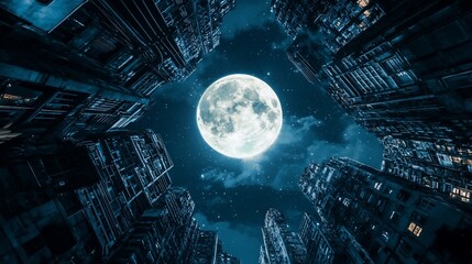 Full moon over dense city at night, low angle.