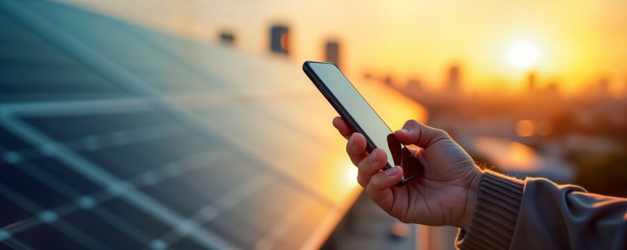 Man holding smartphone outdoors. Solar panels in blurred background. Sunset light shines through scene. Image shows male hand holding phone. Background shows solar power panels. Image suggests