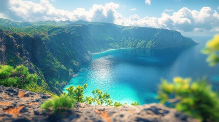 A breathtaking coastal view showcasing cliffs and turquoise waters under a bright sky.