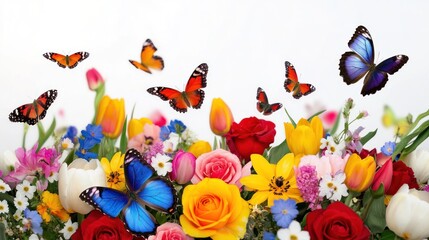 Colorful flowers and butterflies create a vibrant, cheerful scene.