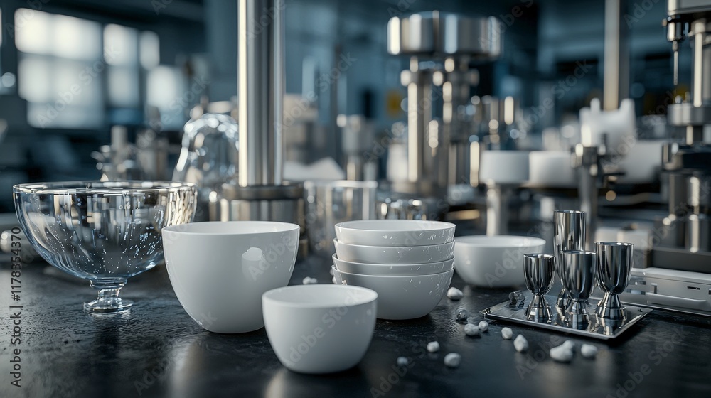 Poster exploring material science ceramic strength testing in industrial lab environment with advanced equi