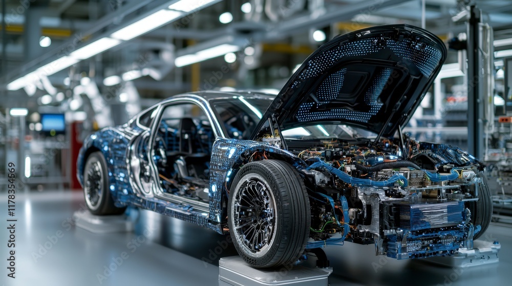 Aufkleber transforming automotive manufacturing with innovative composites in a futuristic high-tech environme