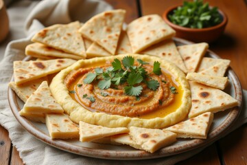 Delicious Hummus Dip with Flatbreads and Parsley