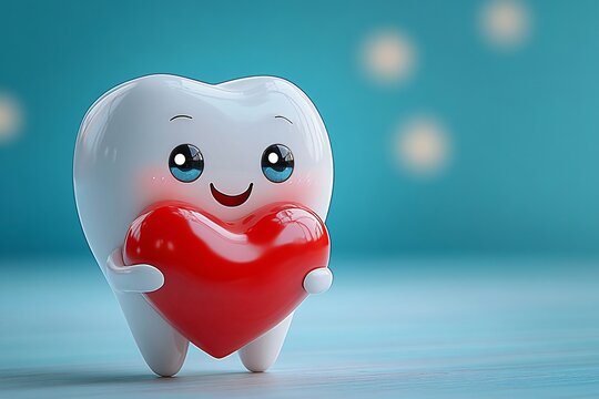 Cheerful cartoon tooth character holding a heart, ideal for dental health campaigns, children's events, or Valentine's Day promotions. Bright and playful aesthetic.