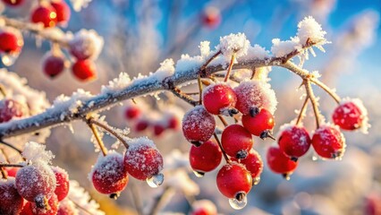 Frozen Berries Glistening in the Winter Sunlight, a Delicate Display of Nature's Resilience