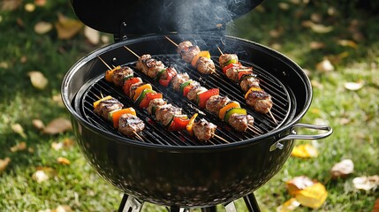 Delicious grilled skewers with meat and vegetables on a charcoal grill outdoors.