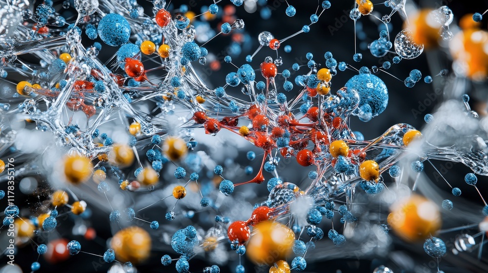 Poster Exploring material science polymers durability closeup of colorful molecular structures in laboratory environment