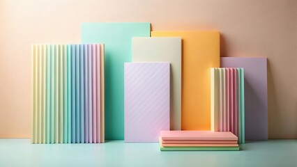 Fototapeta premium Pastel-hued rectangular shapes and slender vertical panels form an abstract composition against a neutral background