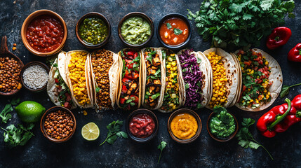 An abstract flat lay of various plant-based tacos, each filled with unique ingredients like lentils, jackfruit, and grilled corn, served with colorful salsas.  